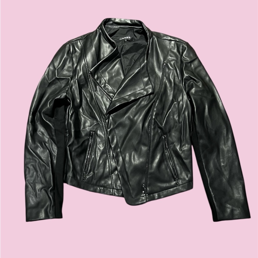 DKNY Black faux Leather Moto Jacket L motorcycle biker chic